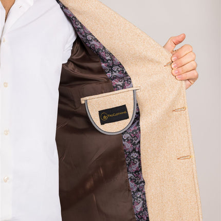 Men's Notched Lapel Collar Wool Blend Beige Overcoat