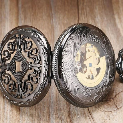 Antique Brass Black Alloy Skeleton Half Hunter Pocket Watch