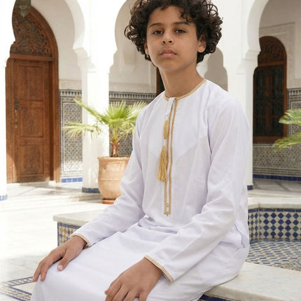Kids Boys Ramadan White Moroccan Thobe Robe Emirati Eid Jubba- TT-003