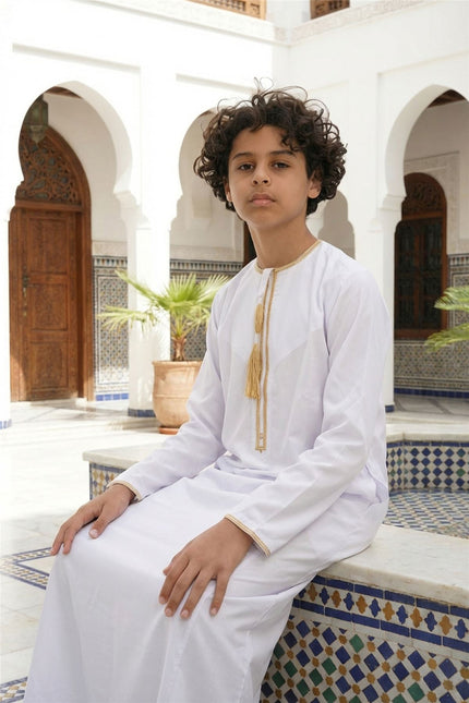 Kids Boys Ramadan White Moroccan Thobe Robe Emirati Eid Jubba- TT-003