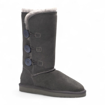 Women's Sheepskin Suede Grey Button Warm Winter Calf Boots - Willow