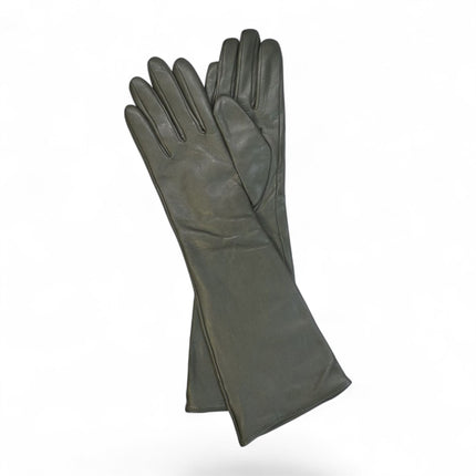 Womens Long Olive Green Italian Leather Winter Soft Wool Lining Gloves