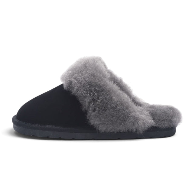 Women's Genuine Sheepskin Black Suede Mule Winter Slippers - Luna