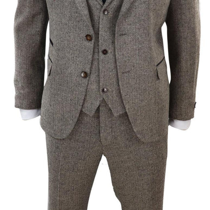 Mens Oak Brown 3 Piece Tweed Suit Vintage Harringbone 1920s Retro Peaky Blinders