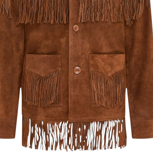 Men's Retro Tan Cowboy Suede Leather Fringe Jacket - Western