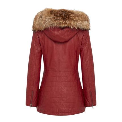 Womens Red Slim Fit Leather Hooded Parka Jacket-Northam