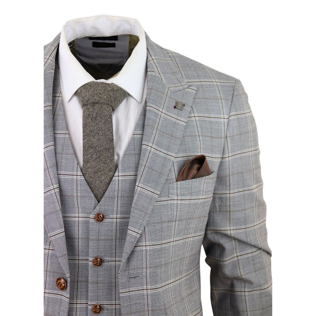 Mens Light Grey 3 Piece Velvet Trims Tailored Fit Suit