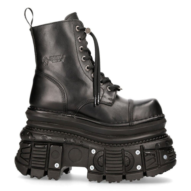 New Rock Metallic Black Leather Military Boots - M-MILI083CCT