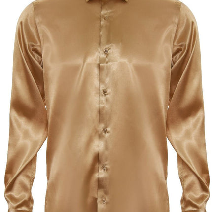 Mens Gold Satin Silk Shirt Smart Casual Button Down Cuff Tailored Fit