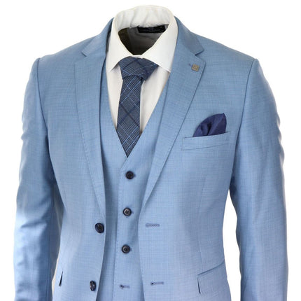 Mens 3 Piece Light Blue Classic Stitch Retro Suit