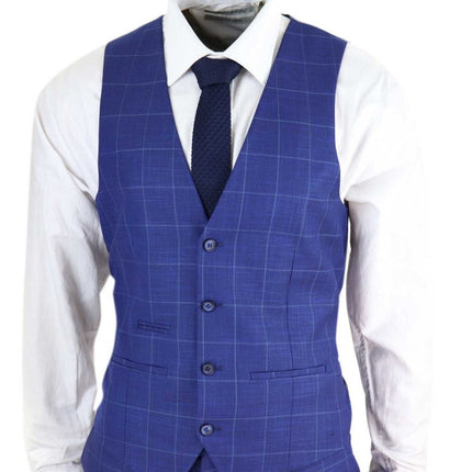 Mens 3 Piece Royal Blue Check Vintage Retro Suit