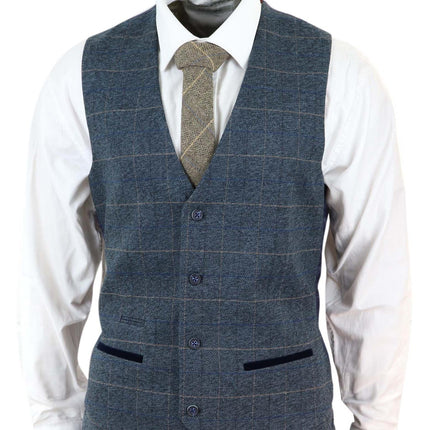 Mens 3 Piece Blue Tweed Check Vintage Suit