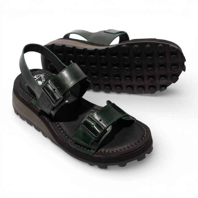 Fly London Women's HEIF558FLY Petrol Green Leather Wedge Buckle Sandals