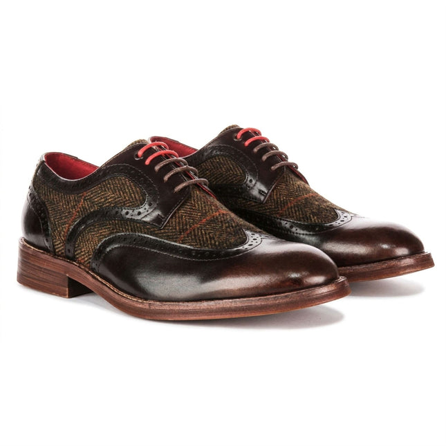 Justin Reess Men's Brown Leather Tweed Brogue Shoes - Arlo