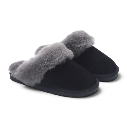 Women's Genuine Sheepskin Black Suede Mule Winter Slippers - Luna