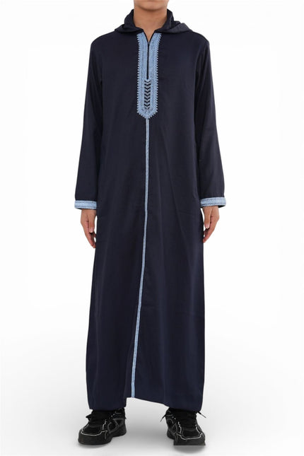 Kids Boys Navy Blue Eid Hooded Moroccan Thobe Robe Djellaba Ramadan Jubba- K-HM3