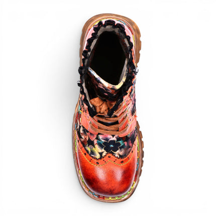 Laura Vita Women's Gothic Floral Orange Leather Combat Boots - Oyao-11