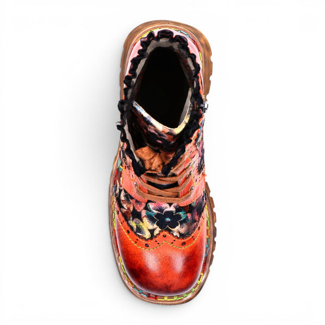 Laura Vita Women's Gothic Floral Orange Leather Combat Boots - Oyao-11