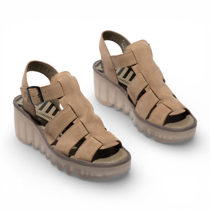 Fly London Women's BAIC621FLY Taupe Suede Leather Wedge Sandals