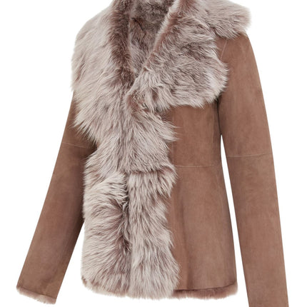 Women's Taupe Sheepskin Toscana Shearling Suede Leather Jacket - Noiré