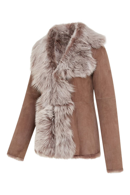 Women's Taupe Sheepskin Toscana Shearling Suede Leather Jacket - Noiré