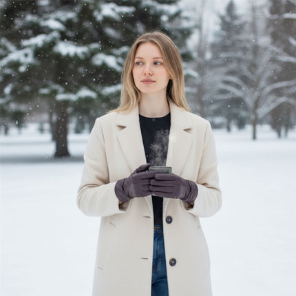 Womens Purple Italian Leather Winter Bow Design Soft Wool Lining Gloves - L-GLV-401