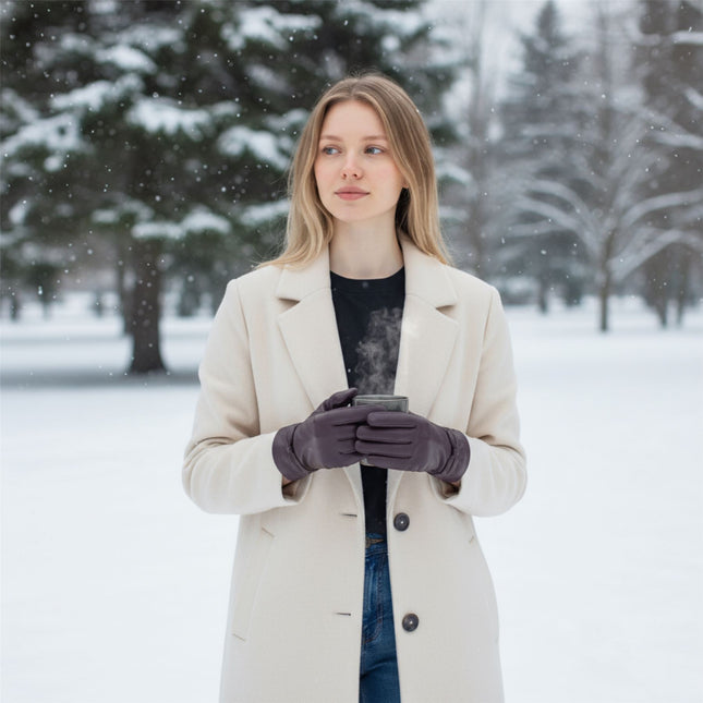 Womens Purple Italian Leather Winter Bow Design Soft Wool Lining Gloves - L-GLV-401