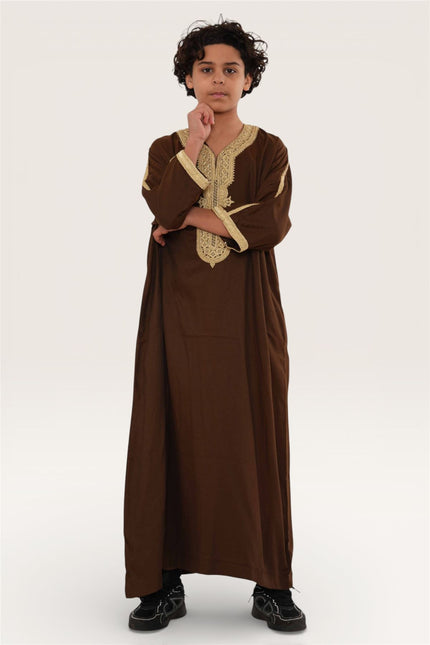 Kids Boys Ramadan Brown Moroccan Thobe Robe Djellaba Gandoura Eid Jubba- K-HM67