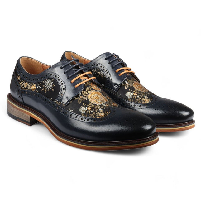 Justin Reess Men's Navy Blue Leather Floral Print Brogue Dress Shoes - Ross