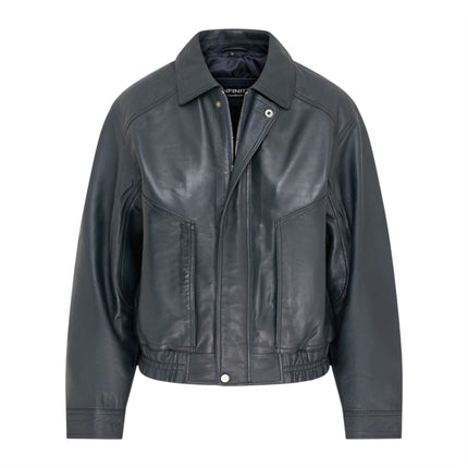 Womens Navy Leather Biker Bomber Oversized Jacket - Blouson