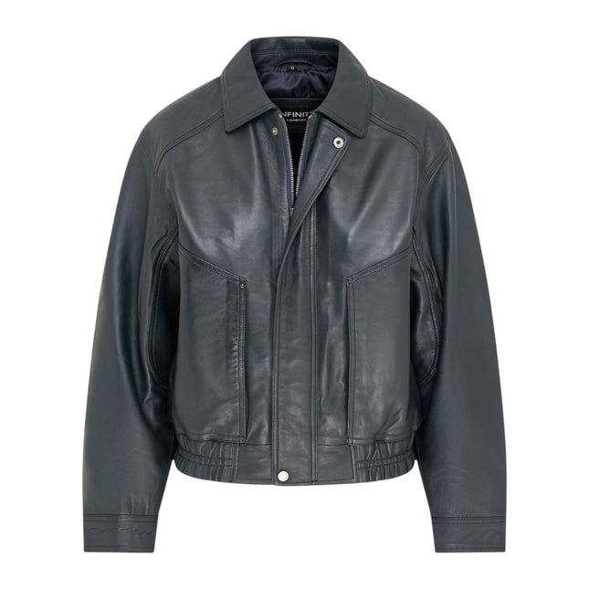 Womens Navy Leather Biker Bomber Oversized Jacket - Blouson