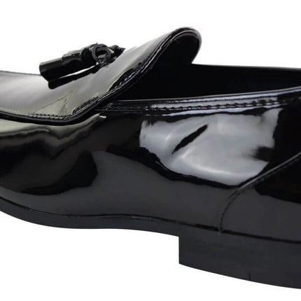 Mens Tasselled Black Patent Leather Slip On Loafers