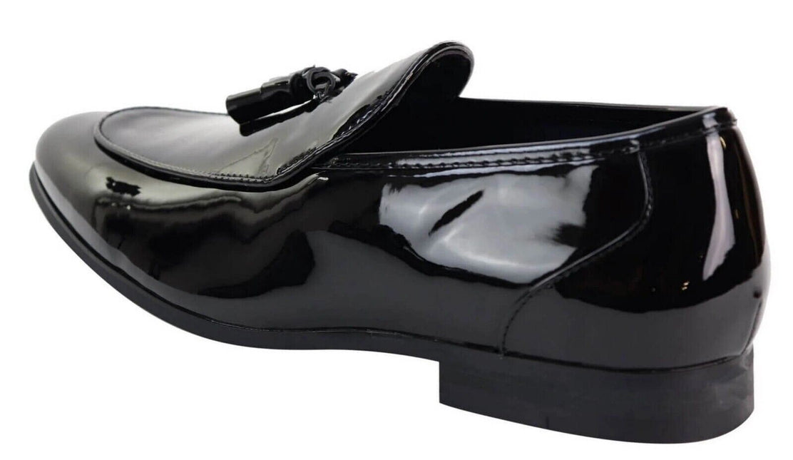 Mens Tasselled Black Patent Leather Slip On Loafers