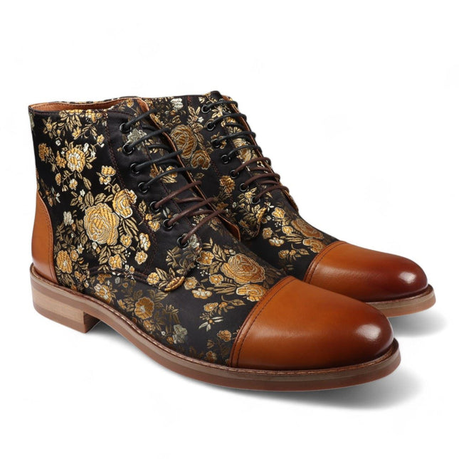 Justin Reess Men's Brown Floral Print Leather Oxford Ankle Boots - Adam