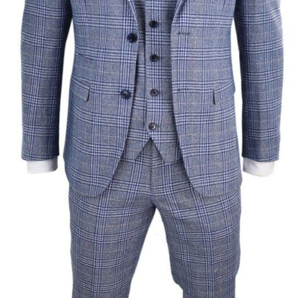 Mens 3 Piece Blue Grey Tweed Check Vintage Retro Suit