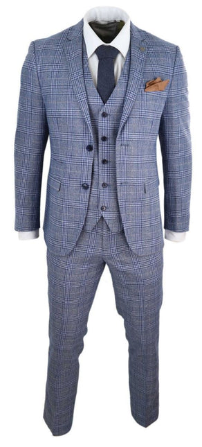 Mens 3 Piece Blue Grey Tweed Check Vintage Retro Suit