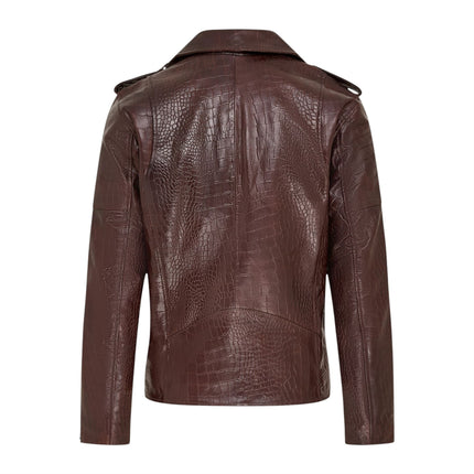 Mens Brown Cow Leather Alligator Print Embossed Biker Jacket - Rot