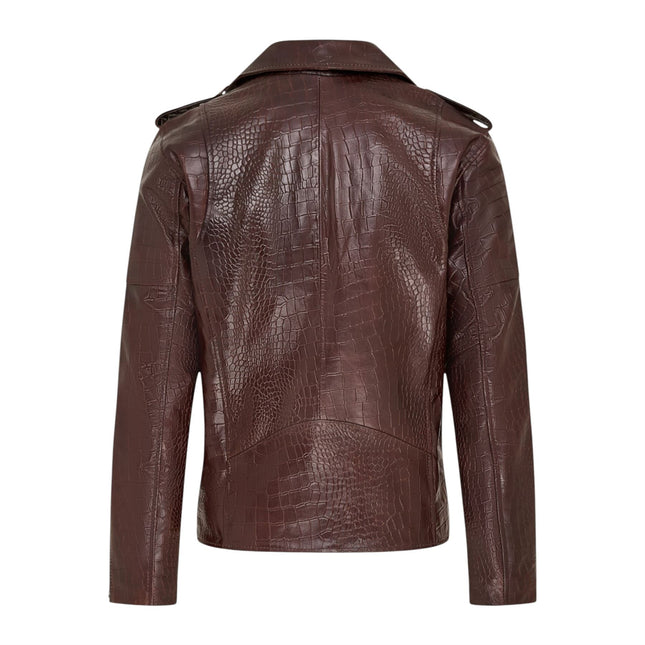 Mens Brown Cow Leather Alligator Print Embossed Biker Jacket - Rot