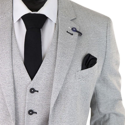 Mens 3 Piece Light Grey Check Tweed Retro Classic Suit