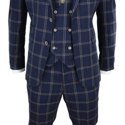 Mens 3 Piece Navy Blue And Tan Check Tweed Retro Classic Suit