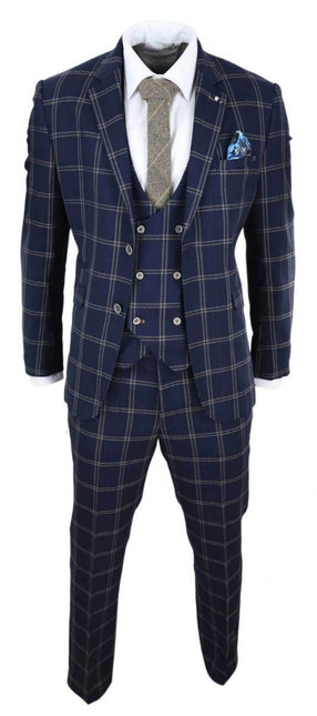 Mens 3 Piece Navy Blue And Tan Check Tweed Retro Classic Suit