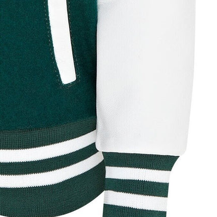 Kids Green Wool Varsity Bomber Jacket with Real Leather Sleeves