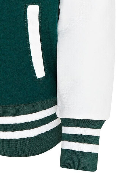 Kids Green Wool Varsity Bomber Jacket with Real Leather Sleeves