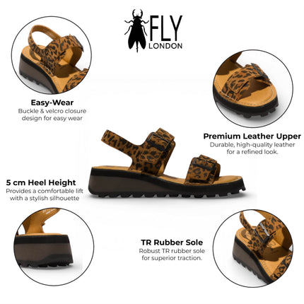 Fly London Women's HEIF558FLY Cheetah Tan Leather Wedge Buckle Sandals