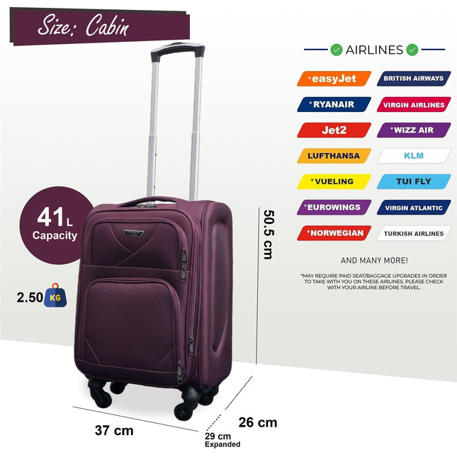 Expandable Soft Shell Cabin Suitcase 50.5 x 37 x 26 cm Luggage Suitable for Easyjet, Ryanair