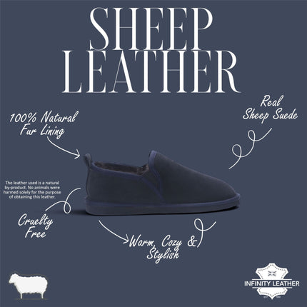 Men's Navy Blue Genuine Sheepskin Suede Slipper Winter Moccasins - Cedar