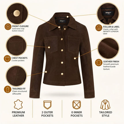 Womens Brown Leather Shacket Collar Jacket - Lofar