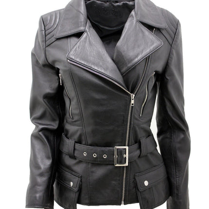 Womens Long Leather Biker Jacket-Quito
