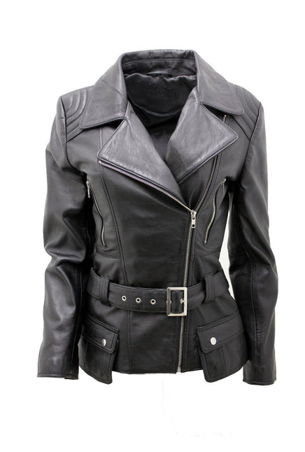 Womens Long Leather Biker Jacket-Quito