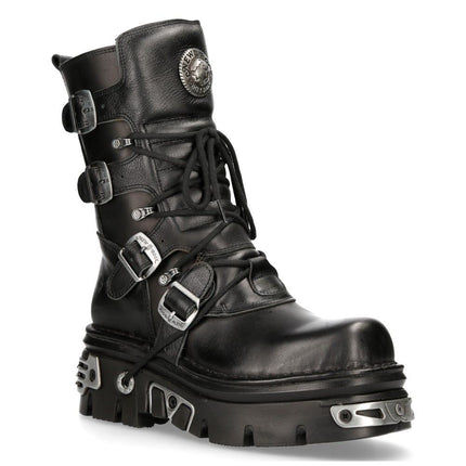 New Rock Unisex Black Leather Gothic Mid-Calf Boots - 373-S4